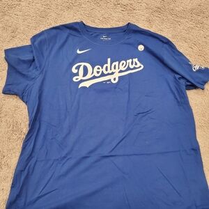 Nike Blue Dodgers Script Tee with White Logo